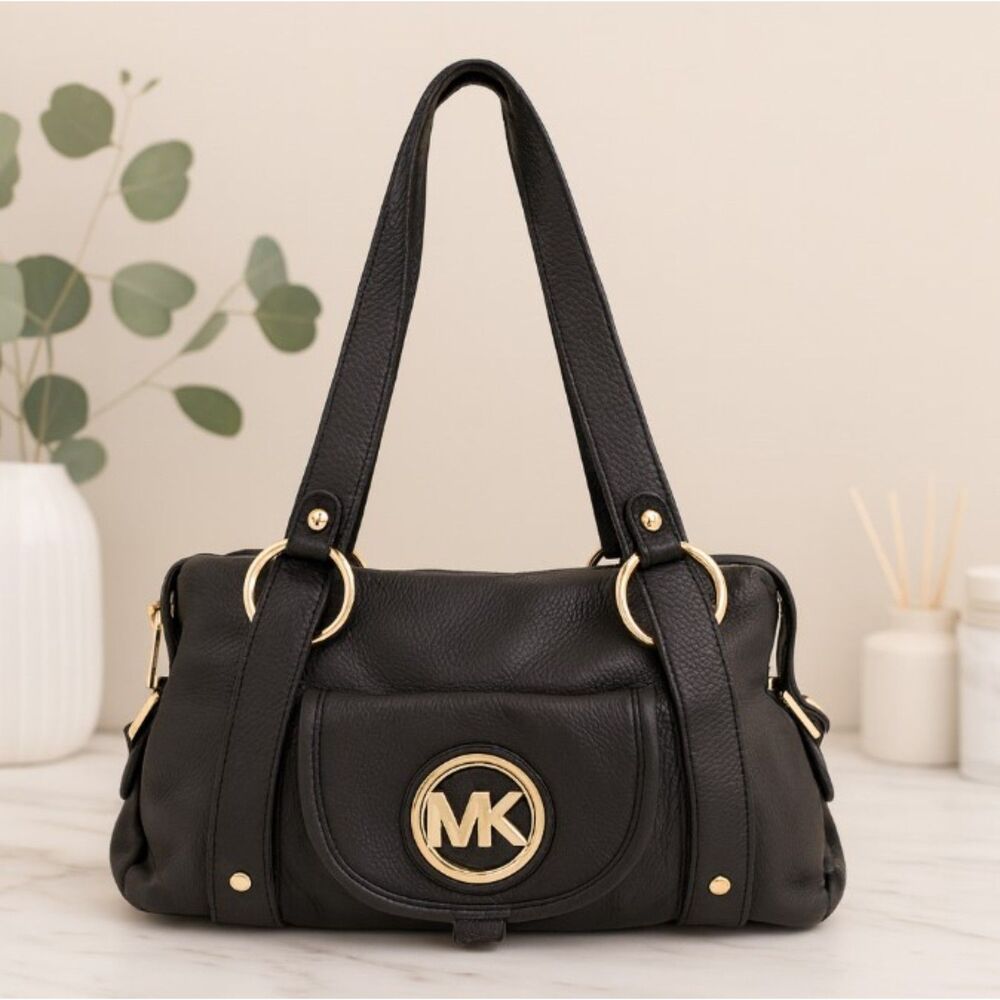 Michael Kors Satchel Bag Fulton Black Pebbled Leather Shoulder Bag Purse